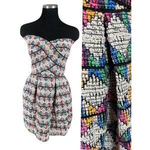 Luxxel Dress XS Tiered Geometric Strapless Tube Mini Fit Flare Y2K Punk Rock